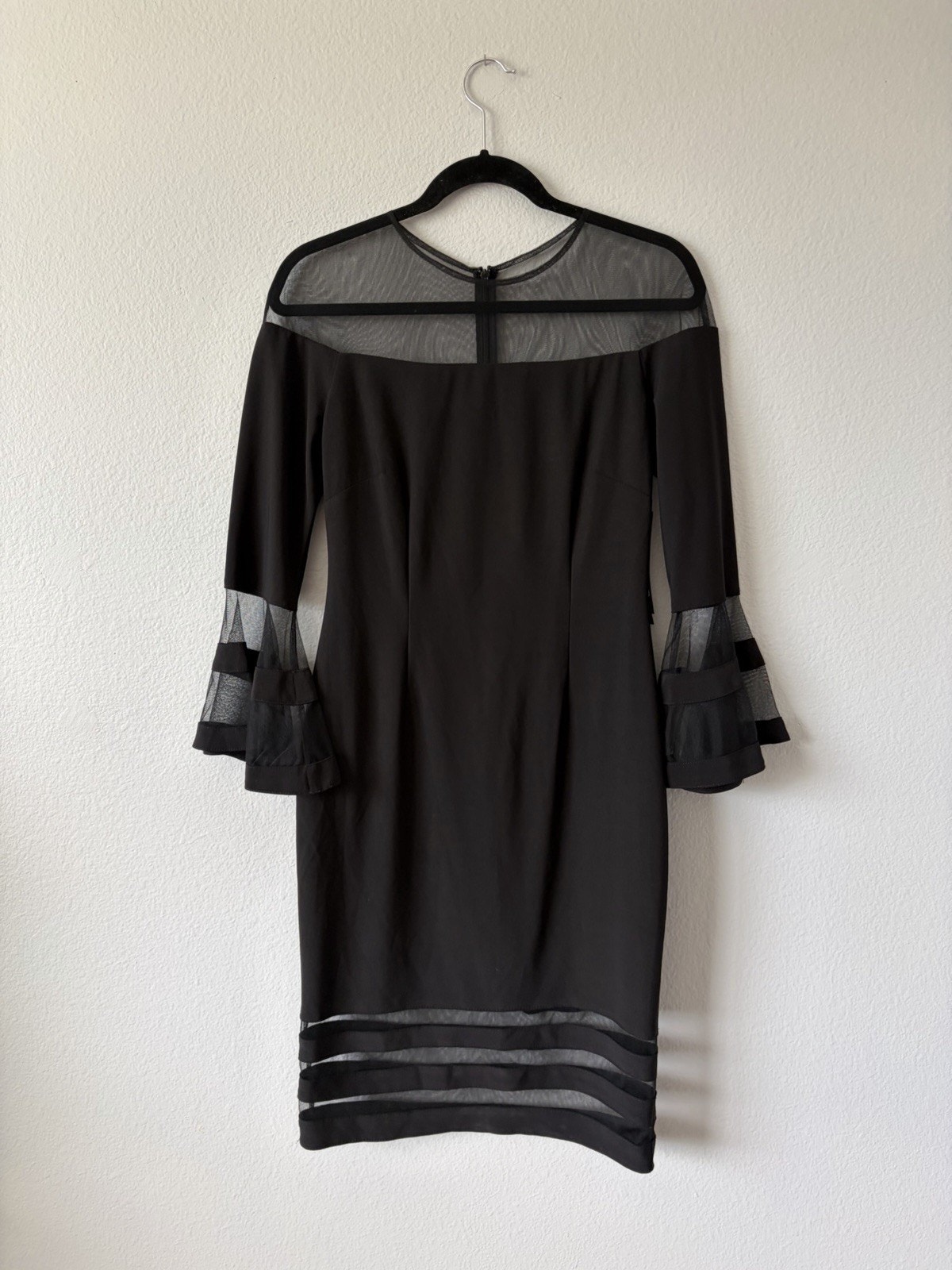 Nwt Avery G Black Mesh Sheer Bell Sleeve Knee Length Sheath Cocktail Dress Sz 6